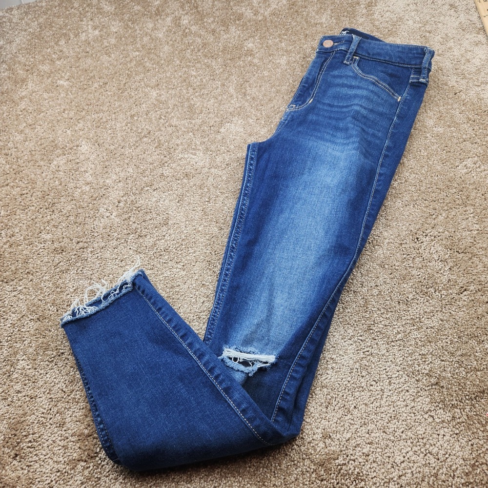 Hollister High Rise Crop Super Skinny Jeans Medium Wash Distressed 1R W25 L26
